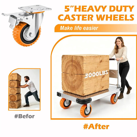Heavy Duty Five Inch Polyurethane Caster Wheels With Rock Solid Dual Lock Brakes and Slick 360 Degree Swivel, moving 3000 lbs cart.