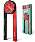 Precision Laser Etched 8.7 Inch Miter Saw Protractor And Heavy Duty Angle Finder For Inside Outside Corners Solid Anodized Aluminum Measuring Tool Foreman Approved Workhorse with red and black design.