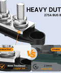 Close-up of Upgraded Heavy Duty Copper Bus Bar And Power Distribution Block Pair showing 275A copper connection for car audio and solar use.