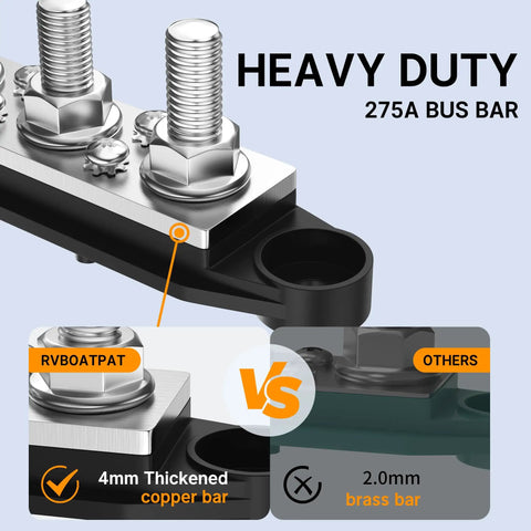 Close-up of Upgraded Heavy Duty Copper Bus Bar And Power Distribution Block Pair showing 275A copper connection for car audio and solar use.