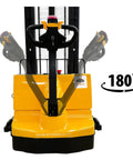 Heavy Duty Fully Electric Wide Leg Pallet Stacker With 3307 Pound Load Capacity And 130 Inch Lift Height featuring 180° rotating handle and yellow design.