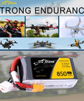850mAh 11.1V 45C 3S LiPo Battery Pack with XT30 Plug for FPV Multirotor Tiny Quad 150 180 Size, with drone visuals.