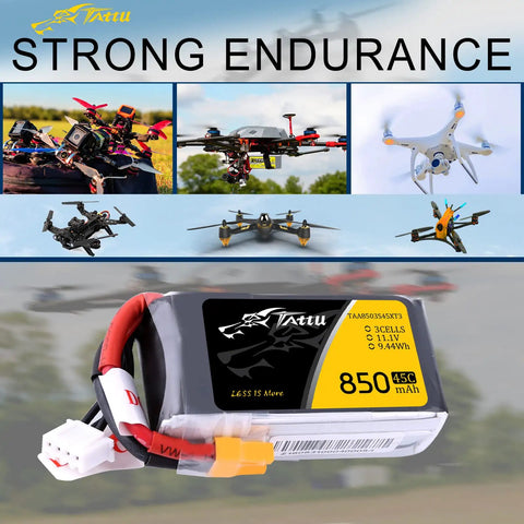 850mAh 11.1V 45C 3S LiPo Battery Pack with XT30 Plug for FPV Multirotor Tiny Quad 150 180 Size, with drone visuals.