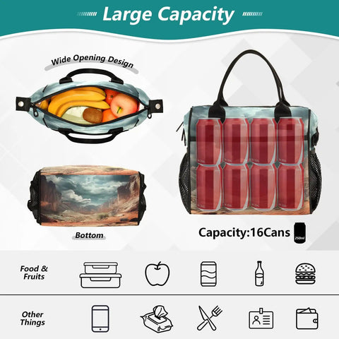 Desert Landscape Cloud Large Cooler Bag With Leakproof Insulated Lunch Tote showing top and side view with can capacity.