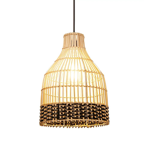 Rattan Pendant Light With Handmade Woven Lampshade, 1 Light Black Pendant For Kitchen Island, close-up of wicker ceiling fixture