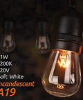 Close-up of glowing incandescent A19 bulb, showcasing 11W power, soft white light, and durable black socket for string lights