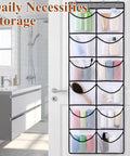Over The Door Pocket Organizer With 12 Roomy Mesh Pockets And Heavy Duty Hooks Stores Hoodies Shoes Keeps Your Room Clean Without The Hassle Maxes Out Your Storage Game A Slick Space Saving Setup in white, mounted on a bathroom door.