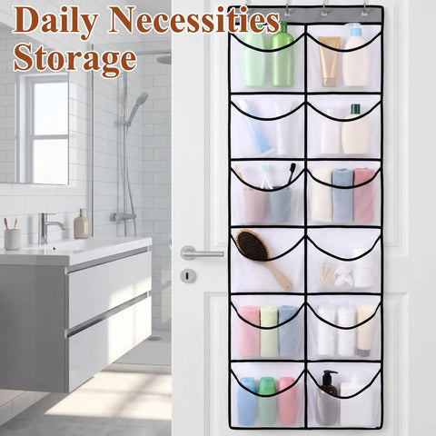 Over The Door Pocket Organizer With 12 Roomy Mesh Pockets And Heavy Duty Hooks Stores Hoodies Shoes Keeps Your Room Clean Without The Hassle Maxes Out Your Storage Game A Slick Space Saving Setup in white, mounted on a bathroom door.