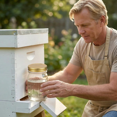 Person using Eight Pack Mason Jar Bee Feeder Lids With Perforated Metal Entrance for hive water or sugar syrup, gold finish.