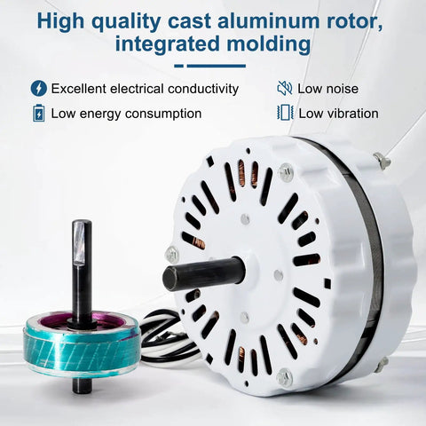 Replacement Attic Fan Motor Kit With 1100 RPM 1/10 HP 120V showing cast aluminum rotor and wiring.