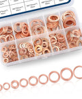 200 Piece Copper Washer Kit For Cars, Metric Crush Washers And Flat Sealing Gaskets In 9 Sizes displayed in a clear box