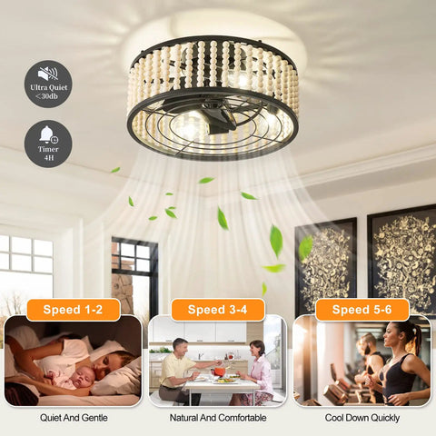Beaded Caged Ceiling Fan With Lights And Remote 19 Inch Flush Mount Black Finish Bead Trim Design in living room