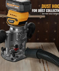 Real Deal Cordless Plunge Router Kit With Fixed And Plunge Bases Ready To Roll Smooth Finish For Woodworking Trimming Grooves Built Tough Low Voltage Protection Fits Standard 20V And 60V Tools with dust hood attached