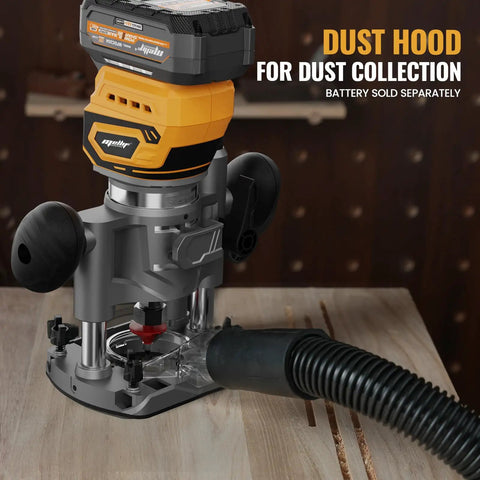Real Deal Cordless Plunge Router Kit With Fixed And Plunge Bases Ready To Roll Smooth Finish For Woodworking Trimming Grooves Built Tough Low Voltage Protection Fits Standard 20V And 60V Tools with dust hood attached
