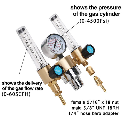 Argon And CO2 MIG TIG Flow Meter Regulator Gauge 0 To 60 SCFH And 0 To 4500 PSI With CGA580 Inlet Connection for welding gas bottles