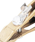 Close-up of Heavy Duty Earth Wire Clamp With 40 Mm Big Jaw And 260 Amp Capacity, brass body and stainless steel hardware.