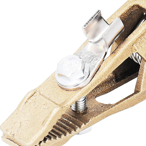 Close-up of Heavy Duty Earth Wire Clamp With 40 Mm Big Jaw And 260 Amp Capacity, brass body and stainless steel hardware.