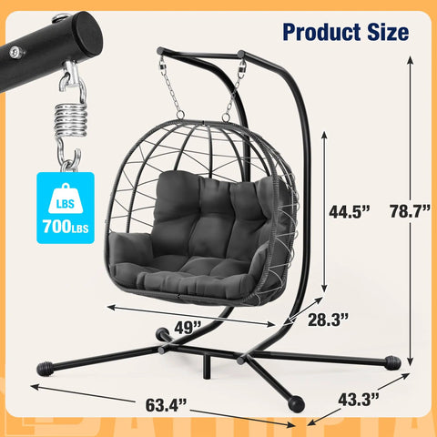 Heavy Duty 700 Lb Double Egg Chair With Stand For Indoor Or Outdoor Use Hanging Egg Chair With Armrests And Headrest UV Resistant Cushions