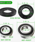 Straight Up Heavy Duty Washer Tub Bearing And Seal Replacement Kit showing sizes of each component, black seal and dual steel races.