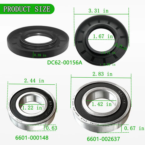 Straight Up Heavy Duty Washer Tub Bearing And Seal Replacement Kit showing sizes of each component, black seal and dual steel races.