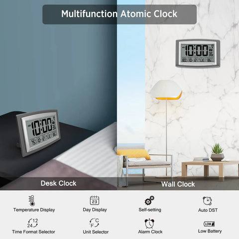 Atomic Wall Clock With Outdoor And Indoor Temperature, 12.5 Inch Large Digital Display, Battery Operated, shown on desk and wall