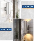 2 Pack Outdoor Wall Lights Dusk To Dawn Sensor Dope Stainless Steel Wall Sconces For Exterior Use Waterproof All Weather Modern Porch Lighting Auto Sensor Brushed Nickel Finish, showing on and off modes