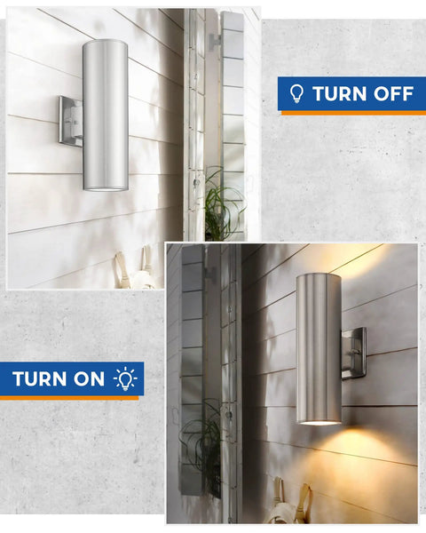 2 Pack Outdoor Wall Lights Dusk To Dawn Sensor Dope Stainless Steel Wall Sconces For Exterior Use Waterproof All Weather Modern Porch Lighting Auto Sensor Brushed Nickel Finish, showing on and off modes