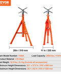 VEVOR pipe stands, pair shown in front and side views, orange steel, 2500 lb capacity, height adjustable 27.2–52 in