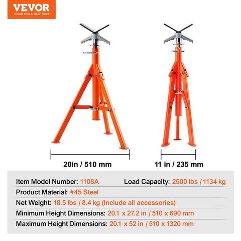 VEVOR pipe stands, pair shown in front and side views, orange steel, 2500 lb capacity, height adjustable 27.2–52 in