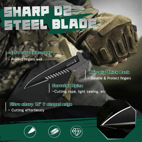 Rugged Fixed Blade Outdoor Knife With D2 Steel Blade And Toothed Spine Full Tang With Slip Resistant Ergonomic Handle shown in hand