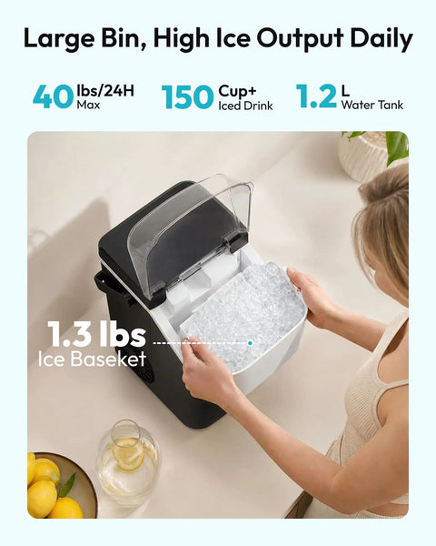 Grab And Go Countertop Nugget Ice Maker Churning Crisp Sonic Pellet Chips Up To Forty Pounds Daily, showing 1.3 lbs of ice in basket.