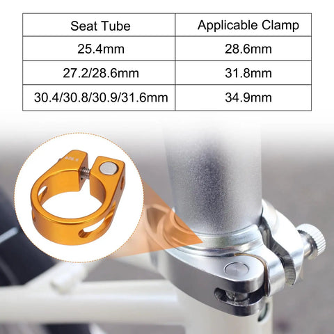 Diagram of seat tube sizes and applicable clamp, featuring Gold Aluminum Alloy Locking Bike Seat Post Clamp 28.6mm Inner Diameter.