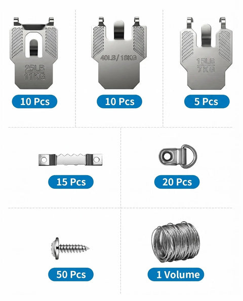 111 Piece Picture Hanging Hooks For Drywall Kit No Damage With 15lb 25lb And 40lb Options Heavy Duty Steel Pins That Press In Easy No Drill Tool Free Wall Hangers For Home Office Garage Quick No Mess Frame Mounts Made Simple. 15/25/40 lb steel hooks and hardware set