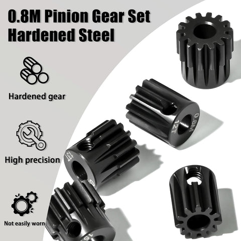 5Pcs 0.8M Hardened Steel Pinion Gear Set With 5mm Shaft 11T 12T 13T 14T 15T Includes M4 Screw And Hex Key For 1/10 Scale RC Cars And 540
