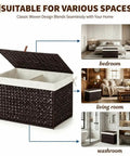 Massive Wicker Storage Basket With Lid, 104 Liter Rattan Blanket Box shown in bedroom, living room, and washroom settings.
