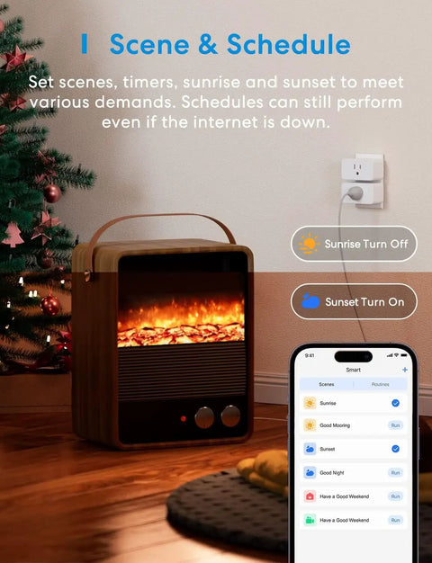 Smart Plug Mini With HomeKit Siri Alexa App Control Timers in living room setting with electric heater and smartphone app display