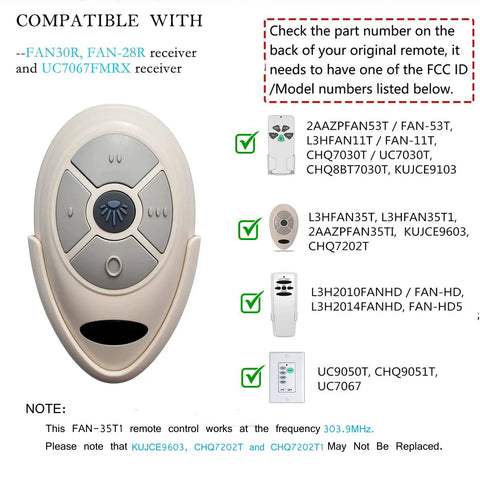 35T Ceiling Fan Remote Control Replacement Remote 3039MHz With Five Buttons Three Speed Settings High Medium Low On Off Dim Lights No Receiver Battery Not Included Fits 35T Series Fans with compatibility chart showing various models.