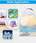 Waterproof Travel Drawstring Shoe Bags 5 Pack Clear Shoe Organizer displaying storage uses with towels and toiletries.