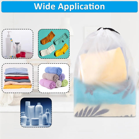 Waterproof Travel Drawstring Shoe Bags 5 Pack Clear Shoe Organizer displaying storage uses with towels and toiletries.