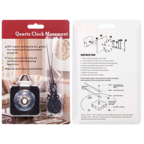 Two Pack Quartz Clock Movement Kit With Hands For DIY Wall Clocks Replacement Mechanism 31mm Shaft and instructions in packaging