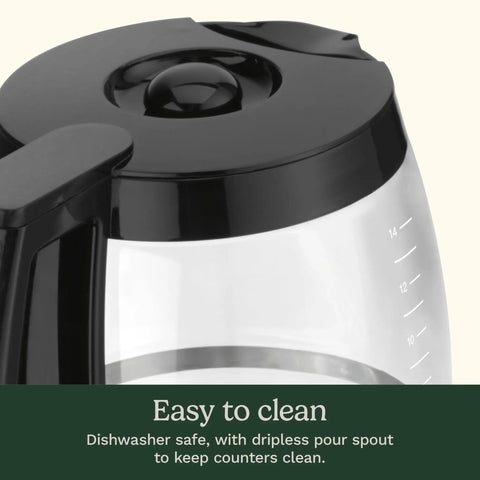 Close-up of Replacement 14 Cup Glass Carafe for Coffee Maker with Dripless Spout and Knuckle Guard Ergonomic Black Handle 70 Fluid Ounces.