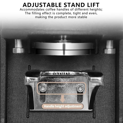 Game Changing 58Mm Automatic Espresso Tamper Machine With Touch Screen Dial And Adjustable Pressure For Hassle Free Coffee Puck Compaction In Tough Stainless Steel, showing adjustable stand lift for coffee handle height.