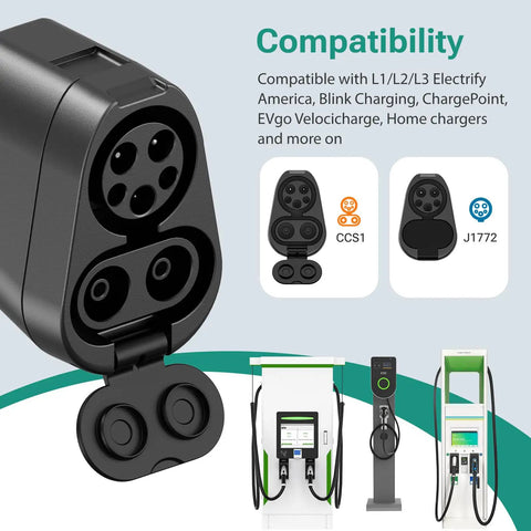 Badass CCS1 And J1772 To Tesla Charging Adapter For Model 3 showing compatibility with CCS and J1772 charging stations.