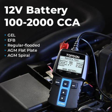12V Car Battery Tester with 100 to 2000 CCA Load Test, digital auto battery analyzer on car engine.