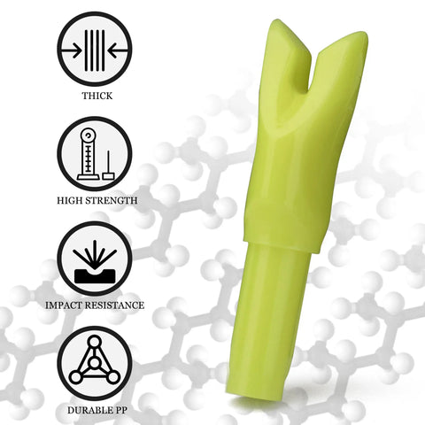 12 Pack Arrow Nocks With 6.2mm Inside Diameter Plastic Insert Nocks For Archery Hunting Curved Yellow Design shown with features.