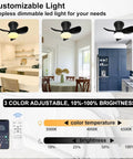 Room settings showcasing 21 Inch Ceiling Fan With Lights And Remote Control, Smart App Control, Quiet DC Motor, Dimmable LED Light, Black Finish.