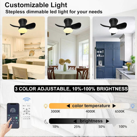 Room settings showcasing 21 Inch Ceiling Fan With Lights And Remote Control, Smart App Control, Quiet DC Motor, Dimmable LED Light, Black Finish.
