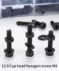 Metric M4 Hex Socket Head Cap Screws Bolts Nuts And Washers Assortment Kit showing three 12.9 grade black oxide screws and washers.