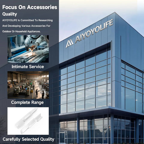 AIYOYOLIFE corporate building with focus on accessories and quality, highlighting service, product range, and selected quality images