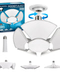 Ultra Bright 3500 Lumen LED Garage Light With Six Screw In Panels for E26 and E27 sockets, front view, white color, boxed.